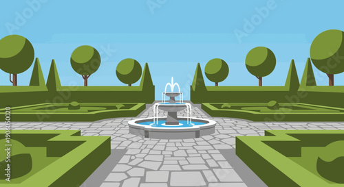 A beautifully manicured formal garden illustration featuring a central tiered fountain, symmetrical hedges, and paved stone pathways under a clear blue sky.