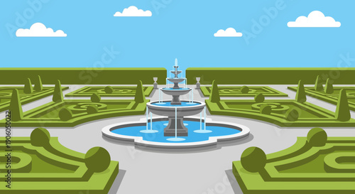 A beautifully manicured formal garden features a grand tiered fountain surrounded by symmetrical hedges and pathways under a clear blue sky.