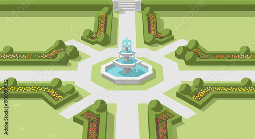 Overhead view of an elegant symmetrical formal garden featuring a central fountain, geometric pathways, and vibrant manicured hedges.
