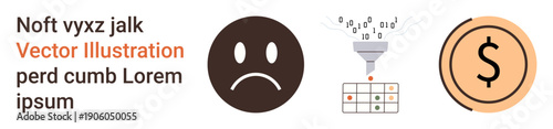 Data processing, financial management, sentiment analysis, decision-making, cost reduction, digital systems. Sad face, binary funnel grid dollar sign. Data processing and financial management