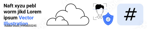 Cloud, user face recognition, security shield, and metadata tag. Ideal for data storage, cybersecurity, identity management, social media, AI networking simple landing page