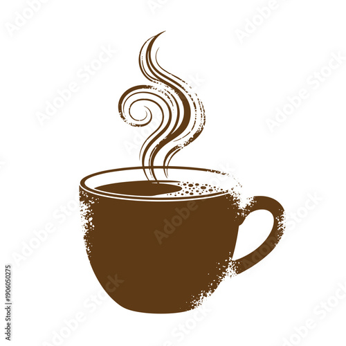 Vintage Grunge A steaming cup of coffee with a frothy top and rising steam isolated on white background