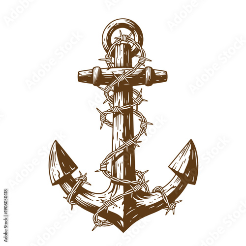Vintage Grunge Anchor wrapped with barbed wire nautical symbol isolated on white background