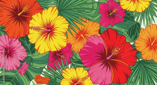 Tropical Bloom Fiesta: An explosion of vibrant hibiscus blossoms and lush green foliage create a colorful, uplifting scene, celebrating the beauty of the tropics.
