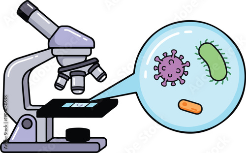 Microscopic slide view of diverse microorganisms, educational medical vector illustration