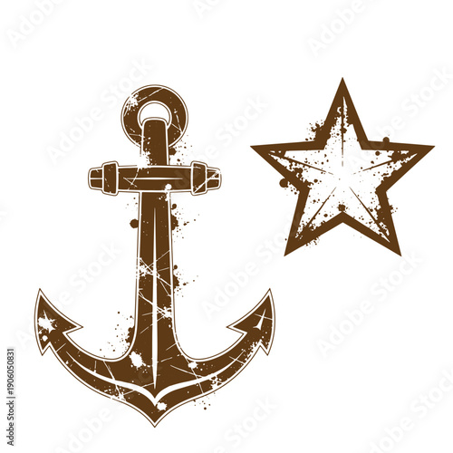 Vintage Grunge Grunge nautical anchor and star icons on white background for decoration or design use in one sentence
