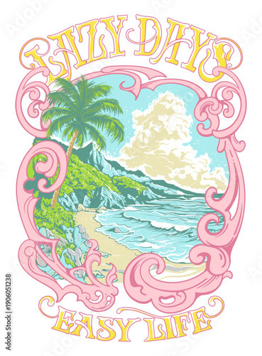 Retro coastal illustration blending nature and decorative typography, perfect for a laid back, escapist lifestyle aesthetic