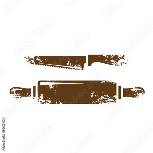 Vintage Grunge Kitchen tools icons with a grunge effect  rolling pin and serrated knife for baking and cooking  kitchen utensils for food preparation  cooking tools