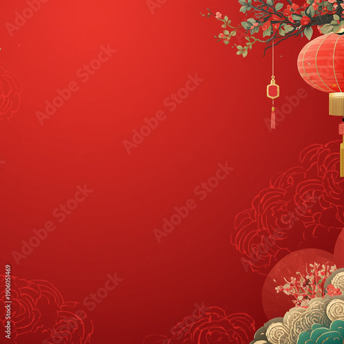 A vibrant red background adorned with floral elements, lanterns, and green elements