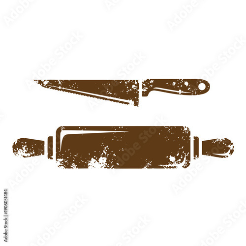 Vintage Grunge kitchen utensils icons including a rolling pin and a kitchen knife on white background