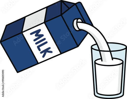 Dark blue milk carton pouring through a circular spout into a glass, clean bold-line vector illustration