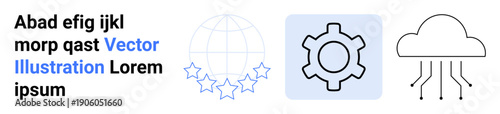 Cloud icon with digital circuit, gear on soft rectangle, globe with stars. Ideal for technology, innovation, global business, development, cloud computing, software simple landing page