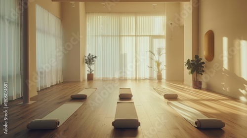 Minimalist yoga studio interior featuring workout mats, natural light, and green plants