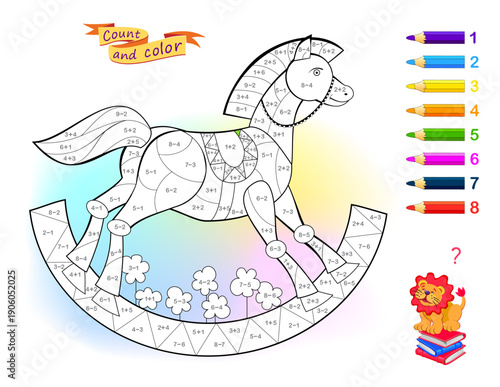 Solve examples and paint the toy rocking horse. Mathematical education for children. Coloring book. Math exercises on addition and subtraction. Worksheet for kids. Hand drawn vector illustration