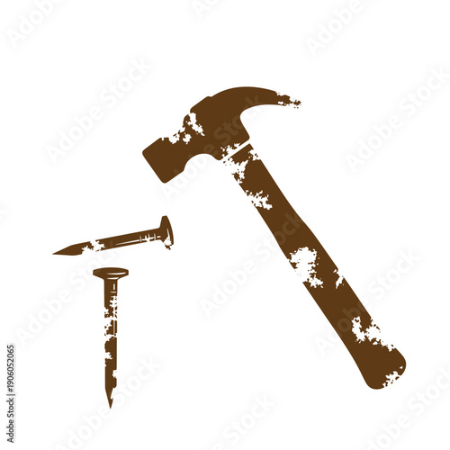 Grunge texture Grungy hammer and nails on white background for construction and DIY concepts Vintage Style