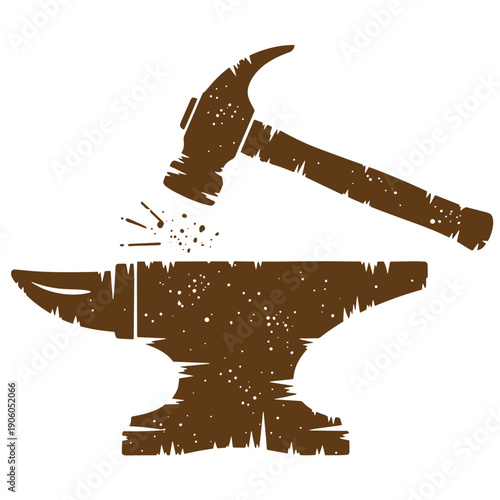 Grunge texture Grungy hammer hitting anvil with sparks flying off in a grunge style illustration for industrial or craft themes  symbolizing hard work and creation Vintage Style