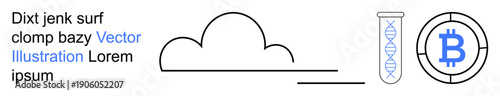 Cryptocurrency, biotechnology, cloud computing, digital transactions, financial innovation, scientific research. Cloud symbol, DNA test tube Bitcoin logo on a minimal layout. Cryptocurrency