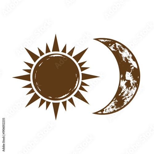 Vintage Grunge Sun and crescent moon icons in a simple design for astronomy or weather graphics and lunar cycle representation