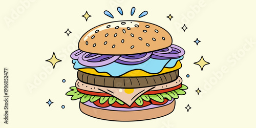 A delicious fast food hamburger with beef, cheese, lettuce, and tomato on a sesame bun isolated on a white background for an unhealthy snack or lunch meal