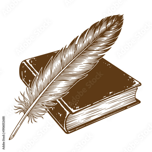 Vintage Grunge Vintagestyle illustration of a feather quill pen on top of a closed book  symbolizing writing and literature