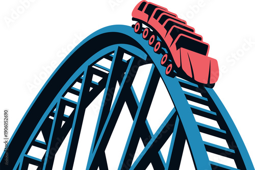 A cartoon illustration of a red roller coaster train climbing to the top of a blue roller coaster track