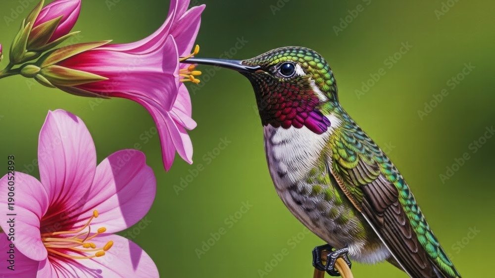 Fototapeta premium Hummingbird's Nectar Feast: A vibrant hummingbird delicately probes a pink flower, its long beak perfectly adapted for sipping nectar, a harmonious blend of nature's beauty and avian grace.