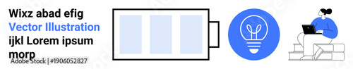 Energy efficiency, technology concepts, innovation, remote work, sustainable solutions, creative ideas. Battery with charge levels, lightbulb symbol person using a laptop. Energy efficiency