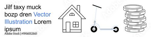 Real estate, sustainable transport, investment, savings, minimalist design, financial planning. A house icon, electric scooter and stacked coins with placeholder text. Real estate and sustainable