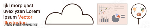 Cloud computing, data analytics, business insights, e-commerce, market research, online trends. Minimalist cloud icon, analytics charts and shopping magnifier. Cloud computing and data analytics