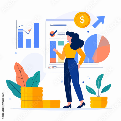 Woman analyzes financial growth with charts and graphs, surrounded by coins and plants.