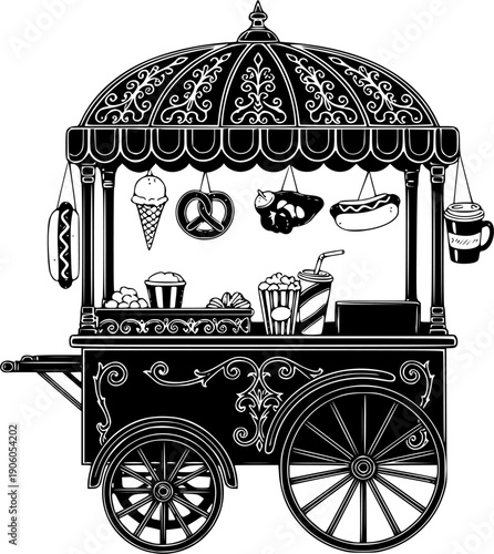 A vintage food cart sketch with various hand drawn food and drink items
