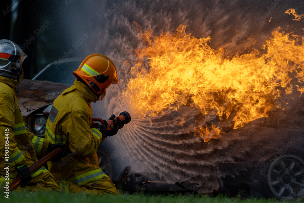 Naklejka premium Team of firefighter in fireproof clothe are using twirl fog watering hose to put out the burning building with high flame for fire extinguish risk rescue mission, accident management