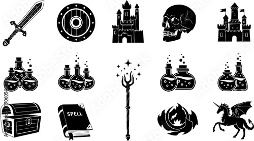 Collection of fantasy game icons including swords shields castles skulls potions and magical items
