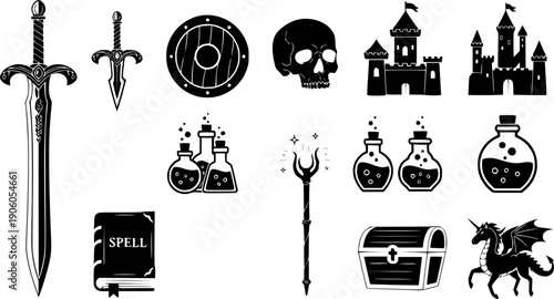 Collection of fantasy game icons including swords shields castles skulls potions and magical items

