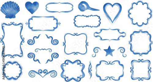 Collection of decorative blue watercolor frames and elements including shells hearts stars and swirls
