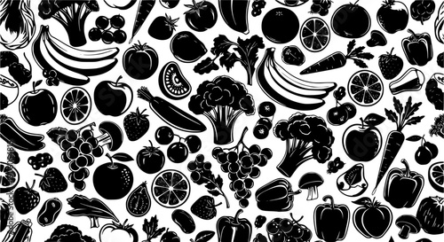 Detailed monochrome pattern featuring various fruits and vegetables in a seamless design
