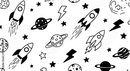 Whimsical hand drawn doodle space pattern with rockets planets stars and lightning bolts
