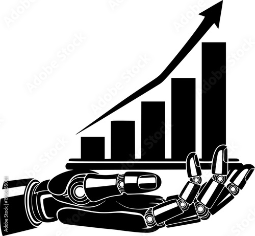 Robot hand holding a rising bar graph and arrow symbolizing financial growth and success
