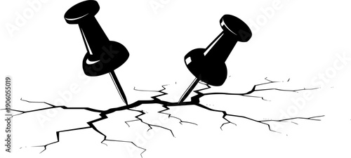 Two push pins and a cracked surface with a shadow illustration
