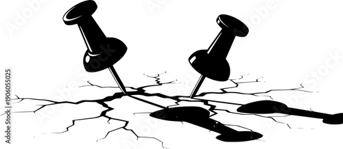 Two push pins and a cracked surface with a shadow illustration

