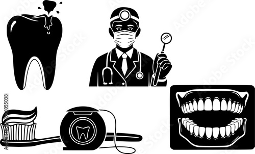 Dental care icon set vector. Dentistry and oral hygiene symbols. Tooth, toothpaste, toothbrush, floss, dentist tools. Teeth cleaning, protection and health. Stomatology line icons.