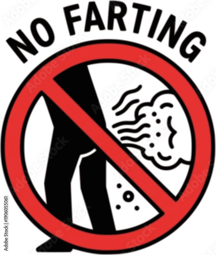 No Farting sign funny vector icon. Prohibition of flatulence symbol. Do not fart warning sticker. Bad smell and gas concept. Digestive health and public etiquette illustration.
