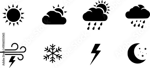 Weather icon set vector illustration. Flat climate symbols for meteorology forecast. Collection includes sun, cloud, rain, snow, wind, storm, thunder, moon. UI, UX element