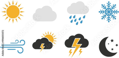 Weather icon set vector illustration. Flat climate symbols for meteorology forecast. Collection includes sun, cloud, rain, snow, wind, storm, thunder, moon. UI, UX element
