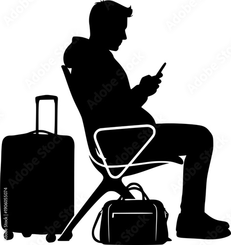 Traveler sitting in airport lounge waiting for flight. Passenger with luggage at terminal. Travel, vacation & tourism concept. Man on a journey. Vector icon sign silhouette.