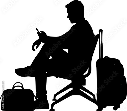 Traveler sitting in airport lounge waiting for flight. Passenger with luggage at terminal. Travel, vacation & tourism concept. Man on a journey. Vector icon sign silhouette.