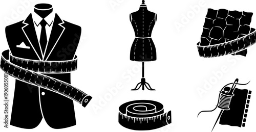 Tailor icon set for bespoke clothing and dressmaking. Vector glyphs of suit measurement, fashion dummy, and measuring tape. Custom made apparel and sewing service concept.