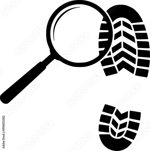 Detective investigation icon with magnifying glass over a footprint. Concept for evidence search, crime scene analysis, forensic science, tracking, and discovery of clues.
