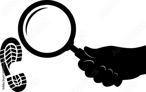 Detective investigation icon with magnifying glass over a footprint. Concept for evidence search, crime scene analysis, forensic science, tracking, and discovery of clues.