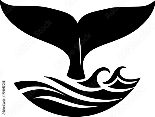 Whale tail icon in blue circle with waves. Marine animal silhouette logo for sea life, ocean conservation, or nautical themes. Vector graphic symbol of a diving whale fluke.
